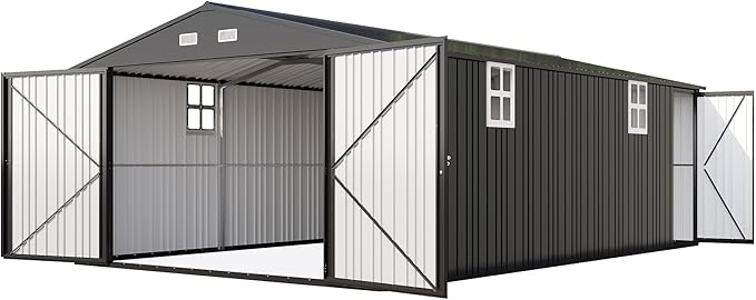 AMERLIFE 13x21x8 FT Heavy Duty Metal Garage Shed, Extra Large Outdoor Storage Shed with Double Hinged Doors, 4 Windows, Carport for Cars, Boats, Trucks and Equipment Storage, Dark Gray