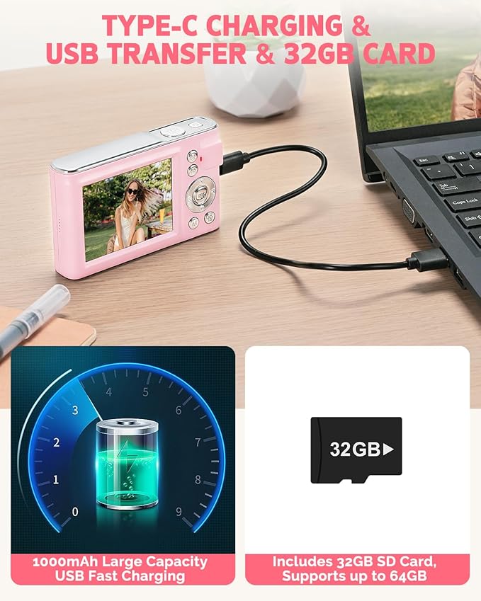 Digital Camera, 48MP FHD 1080P Point and Shoot Camera with 16x Zoom, Anti Shake Compact Portable Camera for Photography with 32GB Card, Autofocus Camara for Kids, Beginners, Teens, Pink
