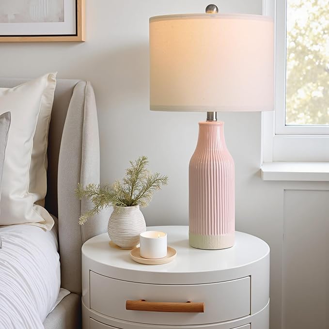 23.75inch Pink Modern Ceramic Bedside Lamp Set of 2 for Bedroom Decor Farmhouse Table Lamp for Living Room Office Dorm