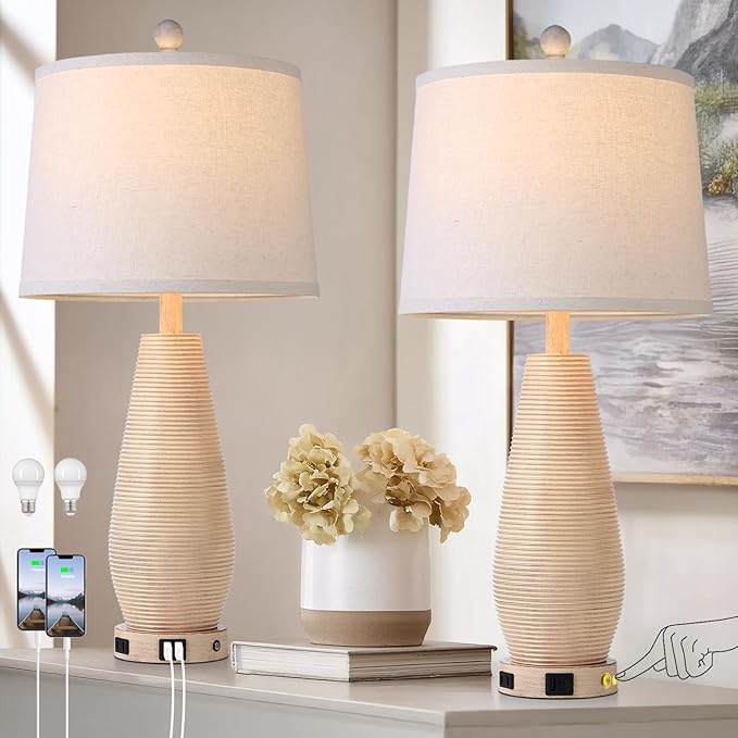 Farmhouse Table Lamps Set of 2 with USB C+A Ports and AC Outlet, 3 Way Touch Rustic Bedside Lamps for Living Room, 26.5" Cream Vintage Lamps for Bedroom Nightstand