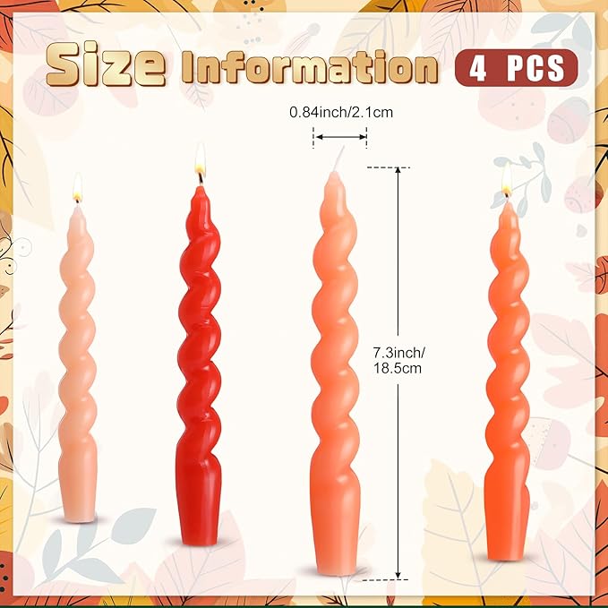 Zhengmy 4 Pcs Gradient Orange Spiral Taper Candle 7 Inch Twisted Long Wax Dinner Candlestick for Fall Halloween Christmas Holiday Valentines Wedding Birthday Baby Shower Table Decor(Solid)
