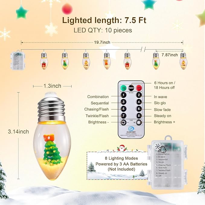 Brightown Indoor Christmas Lights, 7.5FT Battery Powered String with Santa, Gifts and Adorable Ornaments Inside Snow Globes, Ideal for Tree, Party, Garland Decor