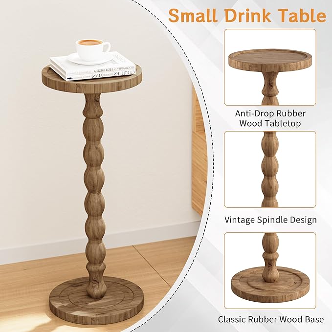Small Side Table, Rubberwood‌ Drink Table for Small Spaces, Solid Wood Pedestal Tables, Round End Tables for Living Room, Bedroom, Corners, and Office (Brown, 9.4 inch)