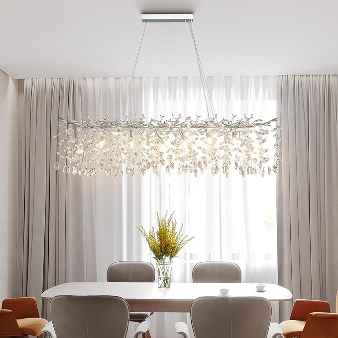 YUYI 47" Silver Crystal Chandelier, 14-Light Modern Tree Branch Chandelier, Luxury Rectangular K9 Crystal Raindrop Chandeliers for Dining Room, Kitchen Island, Living Room, Contemporary Light Fixture