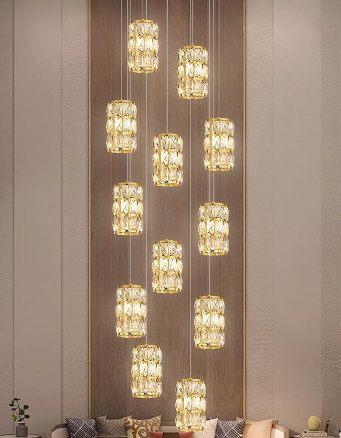 12-Lights Modern Crystal LED Dimmable for Staircase Foyer High Ceiling Chandeliers Hallway Gold