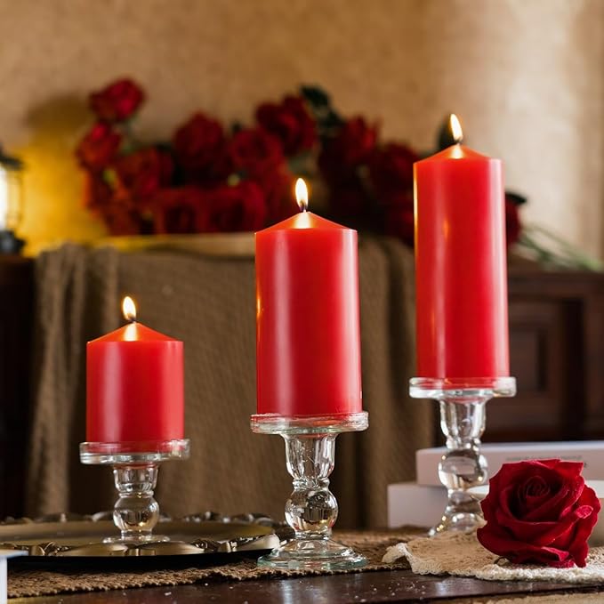 MOZEAL 3" x 4" Hand-Poured Unscented Red Pillar Candles,Dripless Candles Set of 3,Smokeless,Clean Burning,Approx 60 Hours Burn Time,Wedding,Dinner,Christmas and Home Decor（3 Inch Width Series）