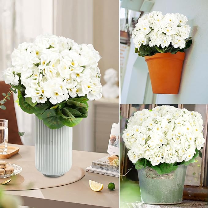 6 Bundles Artificial Flowers for Outdoors, Faux Geraniums Artificial Flowers Realistic, Faux Plants Outdoor UV Resistant for Garden Patio Porch Window Box Home Indoor Outdoor Decor (12, White)