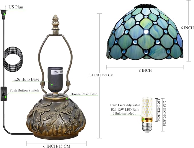Small Tiffany Lamp Mini Stained Glass Table Lamp Sea Blue Pearl Style Mushroom Memory Sympathy Lamp 8X11 Inch