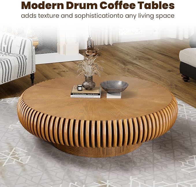 39.3" Drum Coffee Table Modern Unique Fluted Tea Table Contemporary Wood Round Coffee Table with Fluted Centry Table for Living Room Walnut (39.3" Brown)