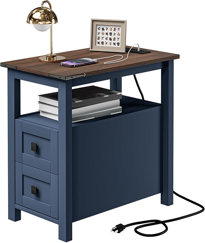 Farmhouse End Table with Charging Station and 2 Storage Drawers, Blue Wood Nightstand Narrow, Skinny Side Table Rustic, Slim Bedside Table, Open Shelf, Small for Bedroom, Living Room, Sofa