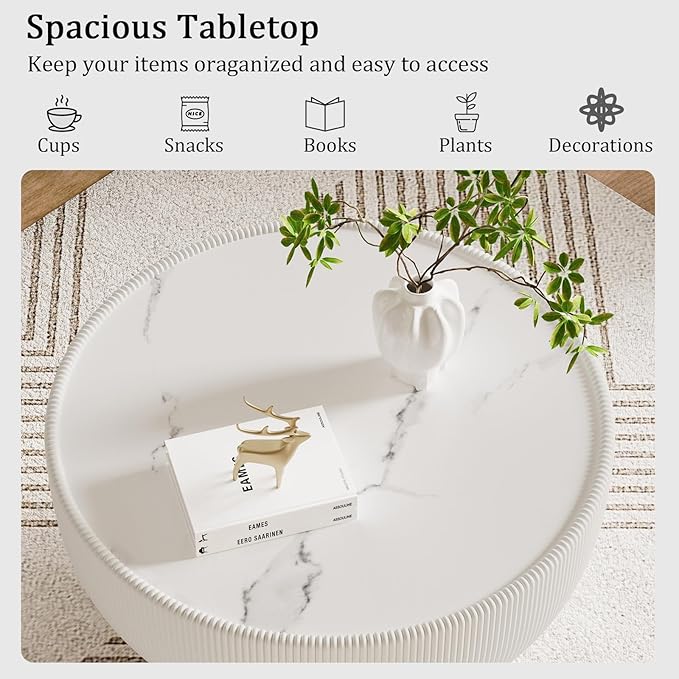 27.55" White Round Coffee Table, Drum Coffee Table with Sintered Stone Tabletop and Fluted PU Leather Covered and Metal Base, Circle Cocktail Tea Table for Living Room