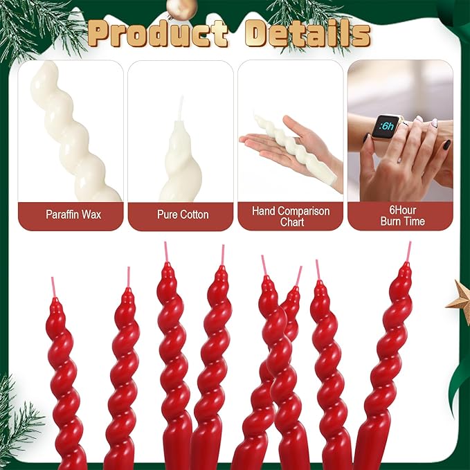 Zhengmy 4 Pcs Red Spiral Taper Candle 7 Inch Twisted Long Wax Dinner Candlestick for Fall Halloween Christmas Holiday Valentines Wedding Birthday Baby Shower Table Decor(Solid)