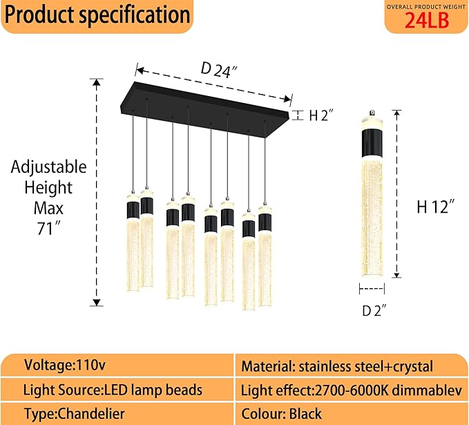 8-Lights Black Hanging Pendant Light for Kitchen Island Modern Dimmable LED Crystal Chandeliers for Dining Room Bedroom Living Room Over Table Adjustable Height