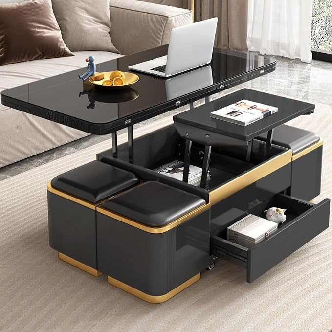 Lift Top Coffee Table with 4 Storage Stools, 3 in 1 Multi-Functional Coffee Table with Drawers, Convertible Table with Hidden Compartment Storage for Living Room, Apartment, Home, Black