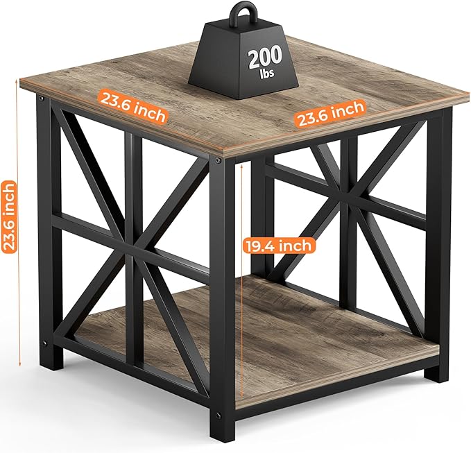 GreenForest End Table with 2-Tier Storage Shelf, 24 inch Large Side Table for Living Room,Modern Nightstand for Bedroom Bedside Office Farmhouse, Grey Wash