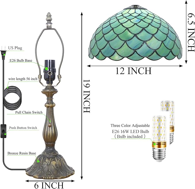 Tiffany Lamp Stained Glass Table Lamp Antique Bedside Reading Light W12H19 Inches (Fishscale Style)