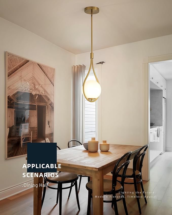 Gold Pendant Lights, 1-Light Pendant Lights Kitchen Island in Brushed Gold Finish with Milky White Globe Glass, Mid Century Pendant Light Fixtures, H9377 MGBG