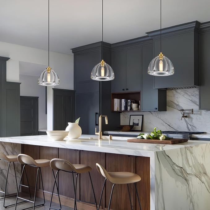 Crystal Pendant Light Kitchen Island: 7" Vintage Brass Hanging Lights above Dining Table - Modern K9 Crystals Lighting over Kitchen Sink - Luxury Gold Hemispher Pendants Light Fixtures Bulbs Included