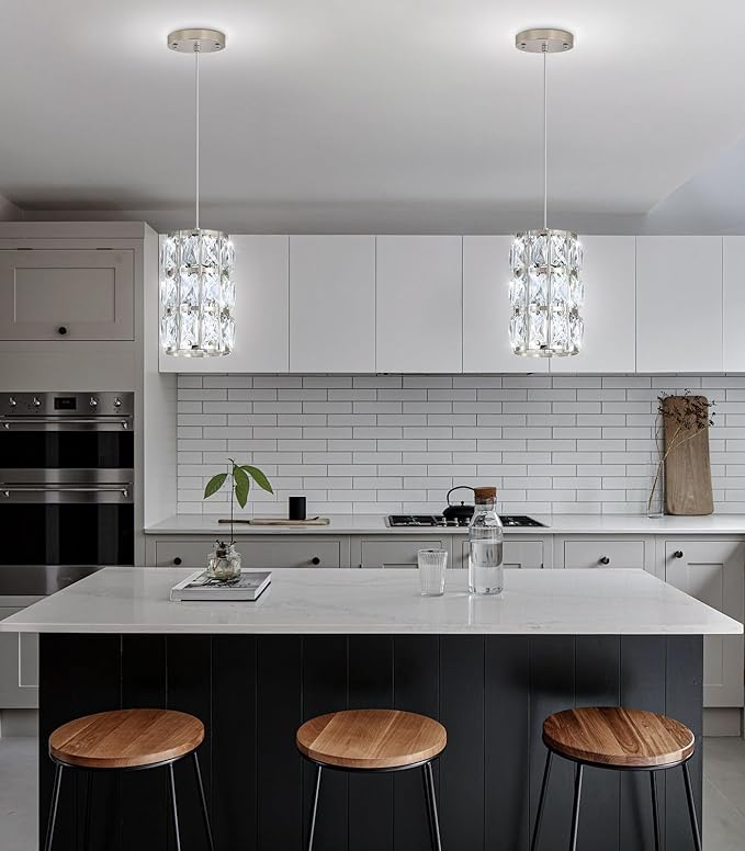 1-Lights Modern Crystal Pendant Lights for Kitchen Island LED Dimmable Glam Pendant Lighting Chandelier for Dining Room Hallway Corner Lamp Nickel
