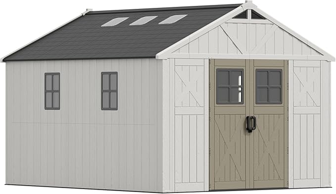 Devoko 10x12 FT Resin Outdoor Storage Shed with Floor, Plastic Tool Garden Shed with Windows & Lockable Door, Outside Large Storage Shed for Patio Backyard Lawn, Beige