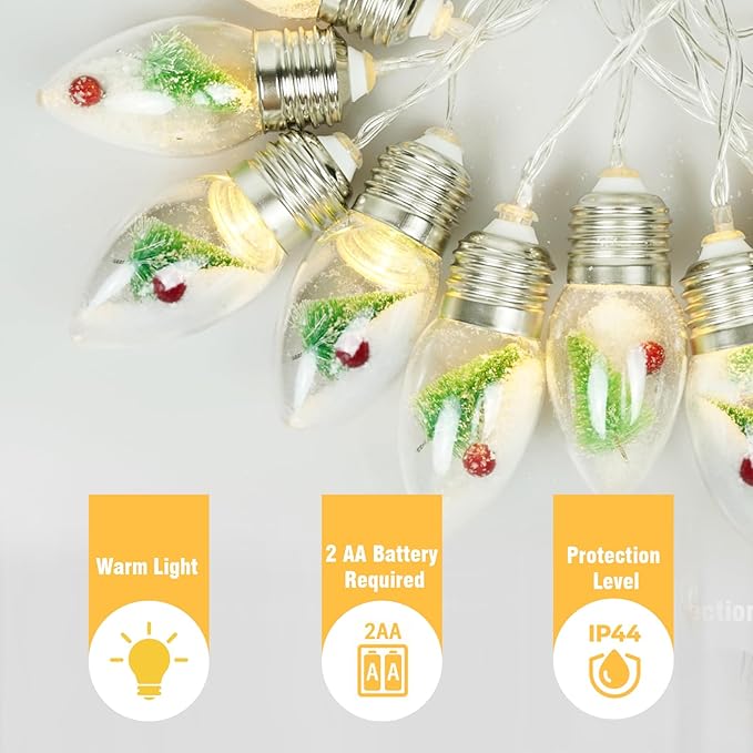 6.6FT Vintage Christmas Decoration String Lights with Tree & Red Berry & Snow Decor - 10 Warm White LED Bulbs, Battery Powered Christmas Tree Lights Decor Indoor(Batteries Not Included)