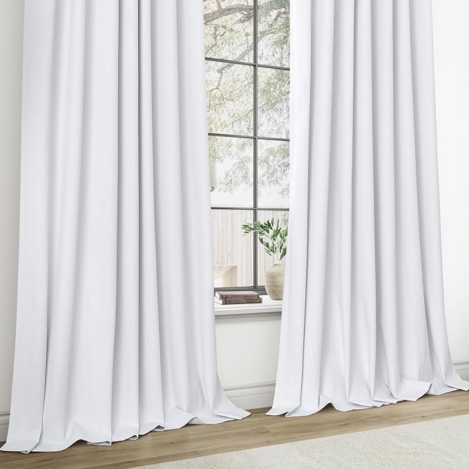 Joywell 100% Blackout Linen Curtains 102 Inch Long,Pinch Pleated Back Tab Drapes with Hooks Room Darkening Thermal Insulated Noise Reducing for Bedroom Living Room,W40 x L102,White,2 Panels