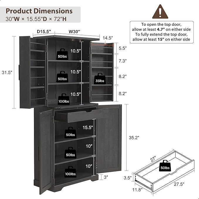 ACCOHOHO 72" Tall Kitchen Pantry, Farmhouse Storage Cabinet with Barn Door, Organizer, Drawer and Adjustable Shelves, Rustic Wood Cupboard for Kitchen, Dining Room, Bathroom, Black