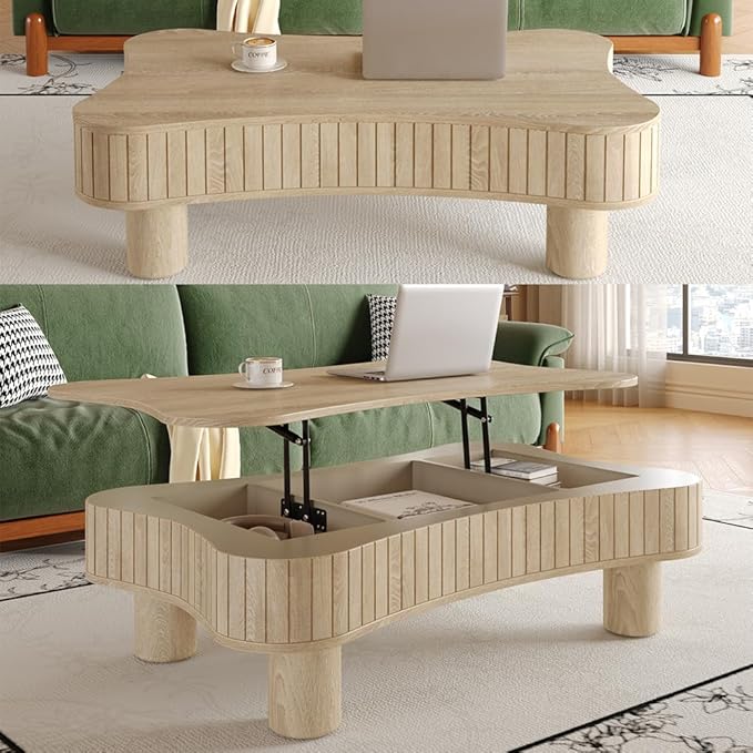 WILLIAMSPACE 42" Lift Top Coffee Table with Hidden Storage, Modern Luxury Wooden Center Table with Silent Hydraulic Lift, Curved Safety Corners, Accent Side Tea Table for Living Room, Antique Natural