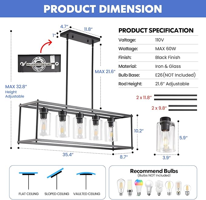 Black Dining Room Light Fixture, 5-Lights Modern Rectangular Chandelier with Clear Glass Shades, Farmhouse Linear Island Lights for Kitchen Pool Table Bar, L35.4