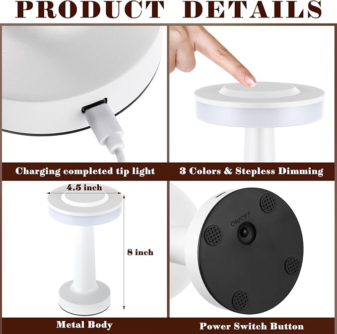 Riakrum 2 Pcs LED Portable Cordless Table Lamp with Touch Sensor 3 Color Stepless Dimming Rechargeable Battery up to 15 Hours Cordless Table Light Wireless Lamp for Nursery (White)
