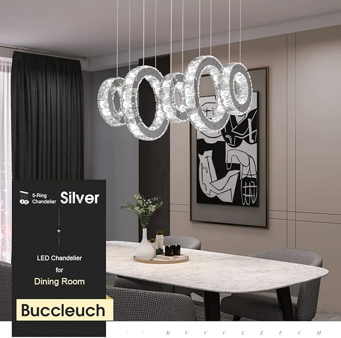 Buccleuch 5-Ring Crystal Chandelier, Height Adjustable UL-Certified Dimmable LED Pendant Light, Stainless Steel K9 Crystal Ceiling Light for Dining Room Living Room Bedroom, 6000K 4400lm