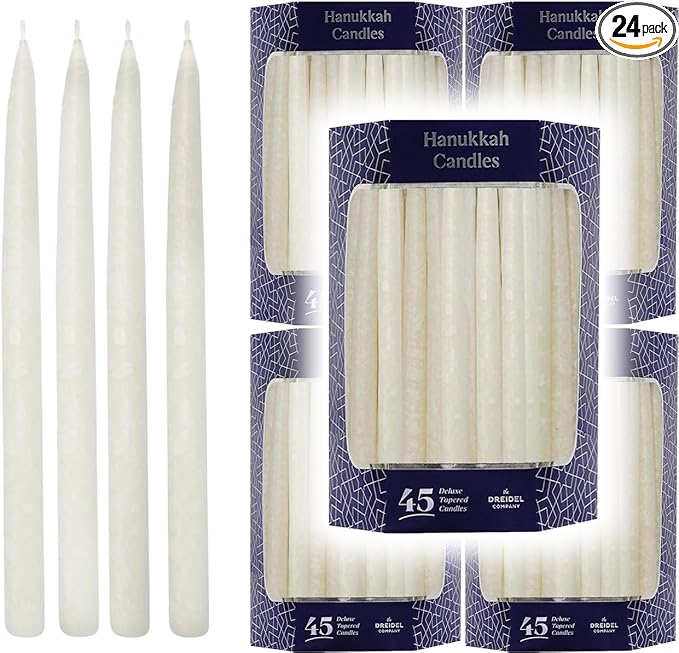 The Dreidel Company Frosted White Dripless Hanukkah Candles, (24-Pack) Deluxe 45 Chanukah Candles Decorative Box