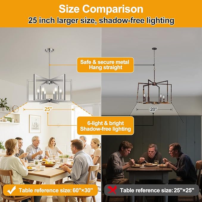 25" Modern Brushed Nickel Chandelier for Dining Room, No Assembly Required Brushed Nickel Dining Room Light Fixture Over Table, Industrial Metal Hanging Pendant Lights Fixture for Kitchen Island