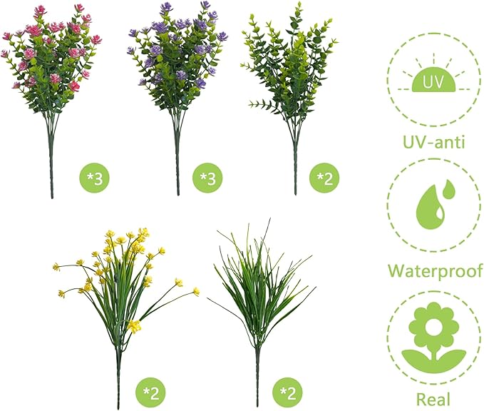 12 Bundles Fake Flowers, Artificial Flowers for Outdoors UV-Resistant No Fade Fake Plants for Planters Porch Home Garden Porch Patio Decoration Outdoor Indoor – Fall & Summer Decor