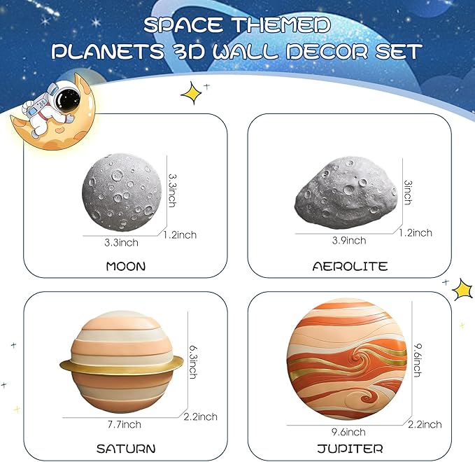 4Pcs Outer Space Planets Wall Decor Cute Wall Sculptures Astronauts Galaxy Nursery Decor, 3D Outer Space Theme Bedroom Wall Decorations for Kids Room Boys Room