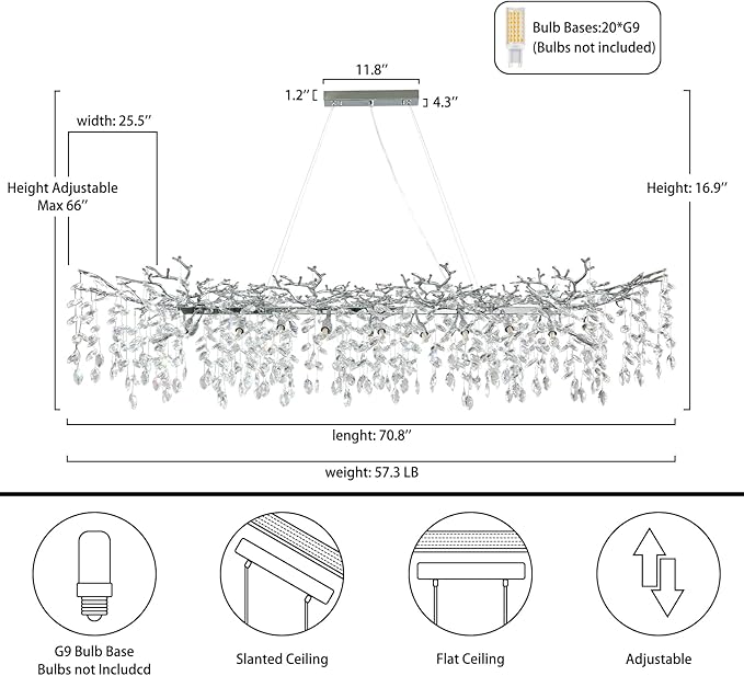 YUYI 71" Silver Chandelier, 20-Light Modern Crystal Tree Branch Chandelier, Luxury Rectangular Chandeliers for Dining Room, Kitchen Island, Living Room, Contemporary K9 Crystal Raindrop Light Fixture