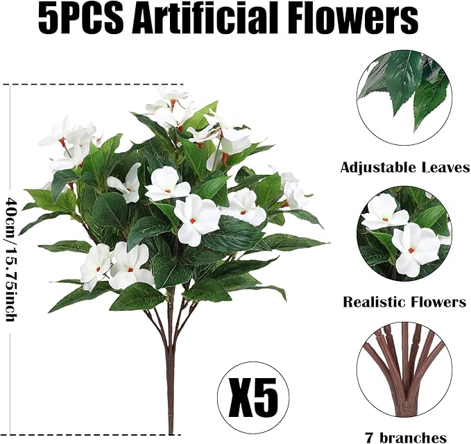 5PCS Artificial Impatiens Bouquet Flowers for Outdoors Silk Faux Flowers for Outdoor Fake Planters UV Resistant Spring Summer Indoor Decor Garden Porch Patio Window Kitchen Balcony, White