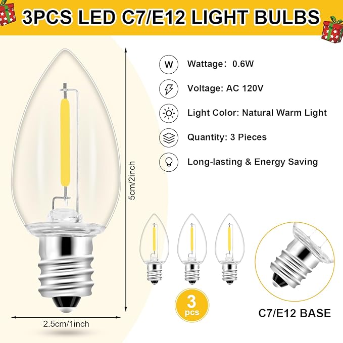 1Pack Accessory Cord with 3LED Bulbs and Outlet Christmas Village Light 7.4FT Blow Mold Light Cord with Spare Fuse Warm White C7 Lamp Christmas Village Accessories for Village Houses Craft Pumpkin
