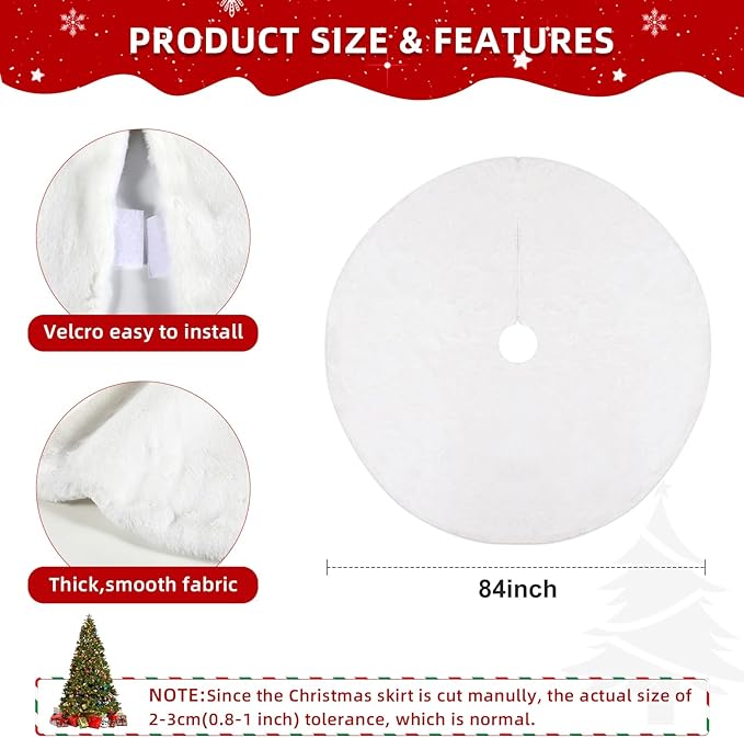 84 Inch Faux Fur Christmas Tree Skirt - Premium White Extra Large Plush Tree Skirt for 7.5-15 Ft Trees