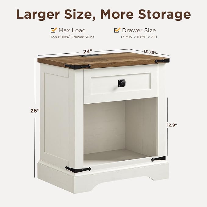 T4TREAM 24" Farmhouse Nightstand with Charging Station Set of 2, Large End Table with Drawer and Open Storage Cabinet, Rustic Wood Bedside Table Sofa Table for Bedroom, Antique White