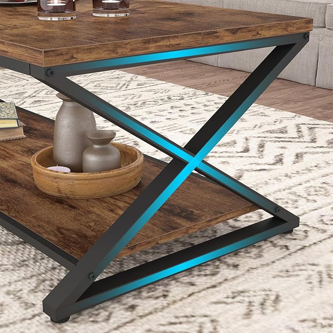 HSH Rustic Coffee Table with Storage Shelf, Industrial Metal Wood Living Room Table, Farmhouse Minimalist Rectangle Center Table, Vintage Simple 2 Tier Cocktail Tea Table, Rustic Brown, 47 Inch