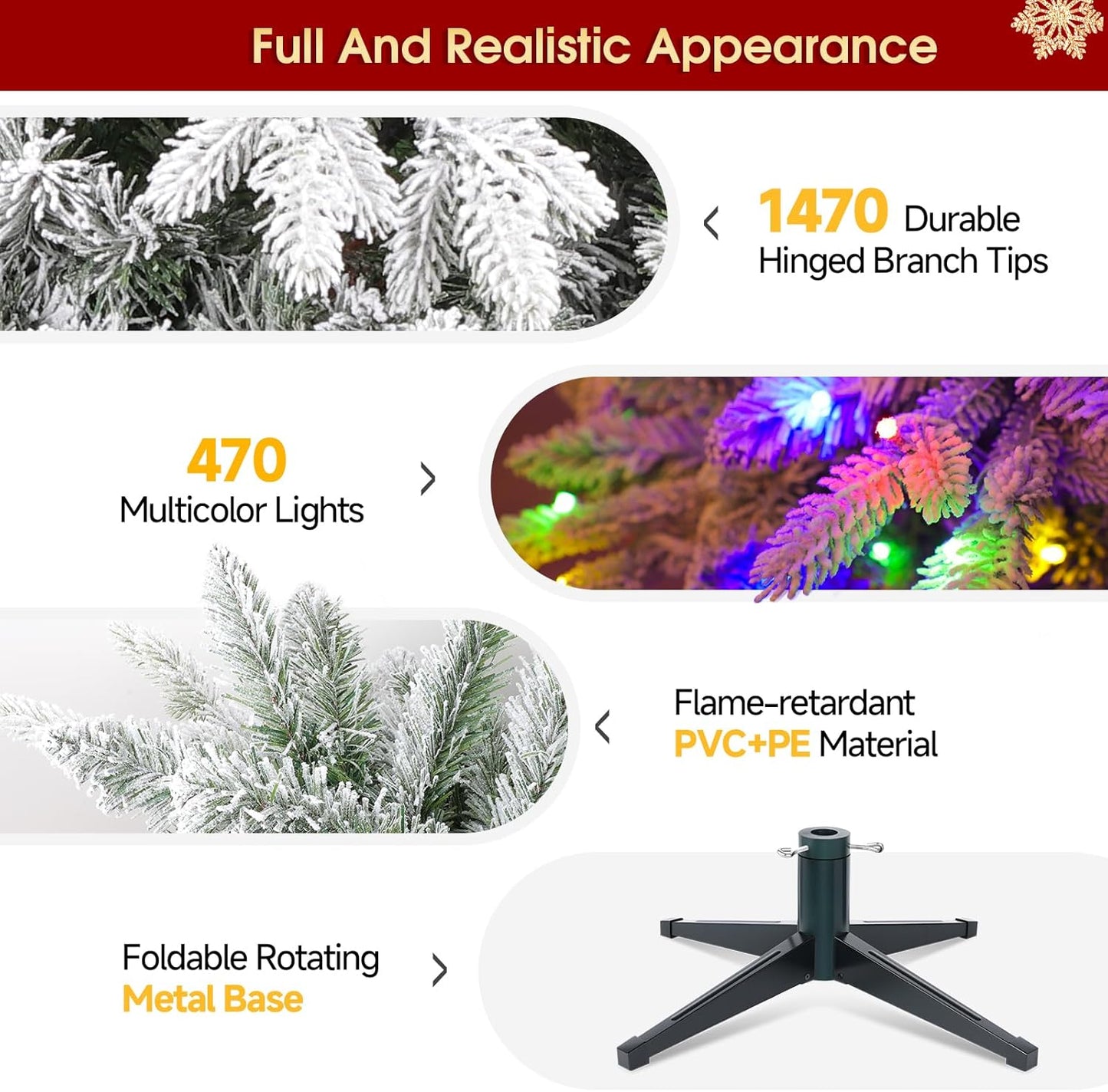 7.5ft Pre-Lit Snow Flocked Rotating Christmas Tree with 470 Multi-Color LED Lights, 1470 PE & PVC Tips - Realistic Artificial Tree for Holiday Decor