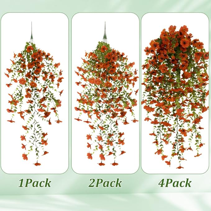 EROCK Artificial Flowers for Outdoors, 4PCS Fake Silk Hanging Flowers for Decoration UV & Fading Resistant, Realistic Faux Plants & Flowers for Porch Patio Balcony Window Box Home Decor (Orange)