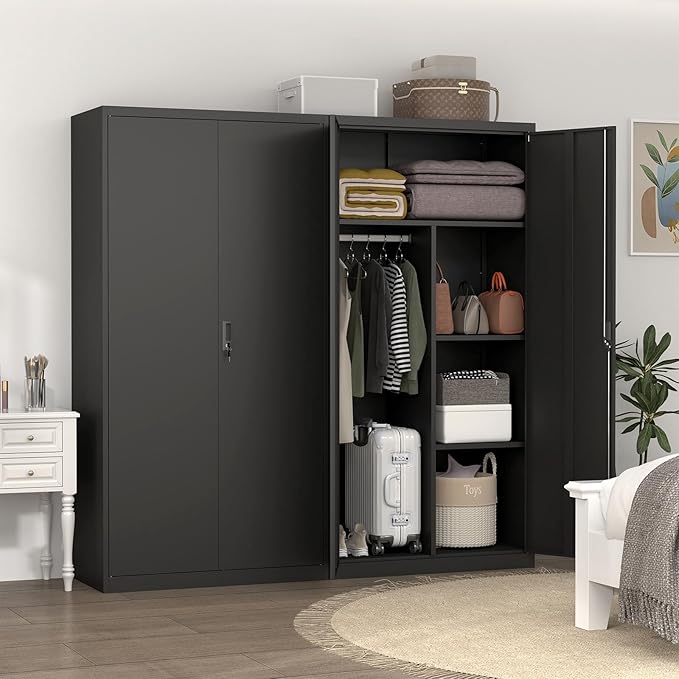 Wardrobe Storage Cabinets,Black Armoire Wardrobe Closet with Lock,Metal Storage Cabinet for Living/Laundry Room
