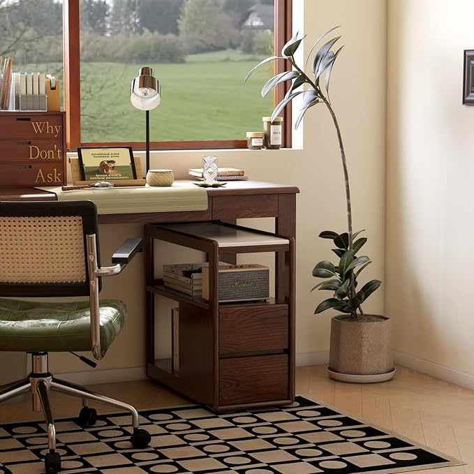 100% Solid Wood Side Table with Wheels, Narrow Side Table with Storage Drawers, Rolling Bedside Table for Bedroom Living Room Space Saving (Walnut, 11.81" D x 26.77" W x 23.23" H)