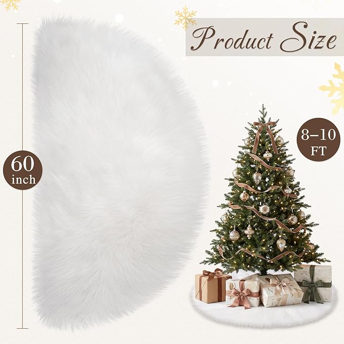 60 Inch Extra Large Faux Fur Christmas Tree Skirt, White Long Fur Fluffy Tree Skirt Plush Luxury Soft Warm for Home Xmas Party Holiday Indoor Decor