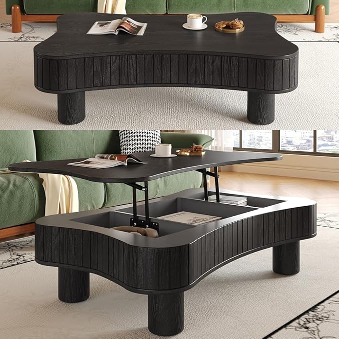 WILLIAMSPACE 42" Lift Top Coffee Table with Hidden Storage, Modern Luxury Wooden Center Table with Silent Hydraulic Lift, Curved Safety Corners, Accent Side Tea Table for Living Room, Black