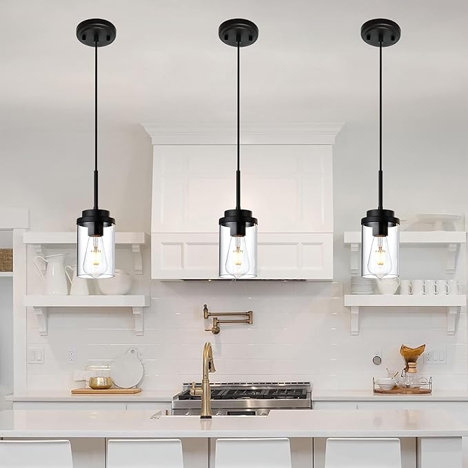 MELUCEE 3 Pack Hanging Pendant Lighting Fixtures Black, Adjustable Hanging Ceiling Lamp with Clear Glass Shade, Modern Pendant Light for Kitchen Island Dining Room Bedroom Hallway