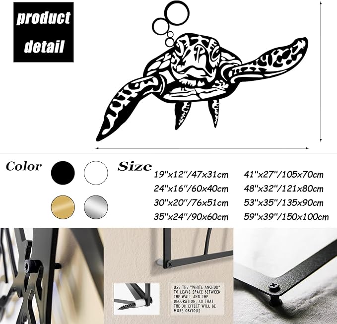 Metal Sea Turtle Wall Art, Metal Turtle Wall Decor, Coastal Wall Art, Nautical Wall Hanging, Turtles Outdoor Decor, Ocean Wall Sculpture, Beach Theme Decorations, Bathroom Art (Silver, 59"x39"/150x100cm)