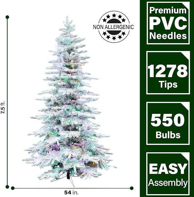 Fraser Hill Farm 7.5-Ft. Pine Valley Flocked Artificial Christmas Tree with Dual Multicolor & Warm White LED Lights, Prelit Foldable Fake Tree with Realistic Snowy Foliage for Home Decoration